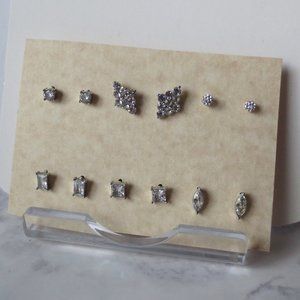 Bundle of Six S4 Sparkly Silver Faux Diamond Diamante Stud Post Earrings